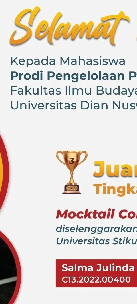 RAIH PRESTASI GEMILANG, MAHASISWI FIB UDINUS SALMA RAIH JUARA PADA KOMPETISI MOCKTAIL